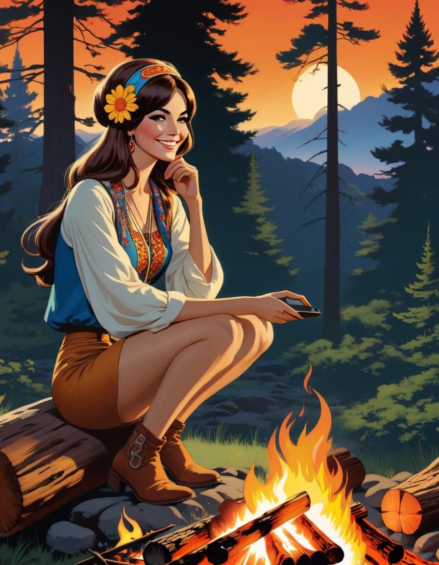 Far Out Hippie Girl Sits by Campfire in Groovy Comic Book St...