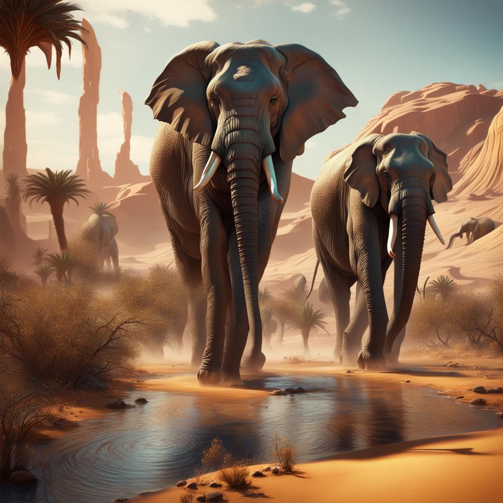 Elongated Elephants Approach Surrealist Oasis Amid Melting T...