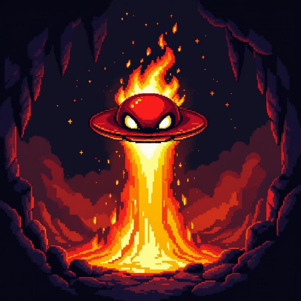 Pixel Art Fiery Alien Hovering Over Lava