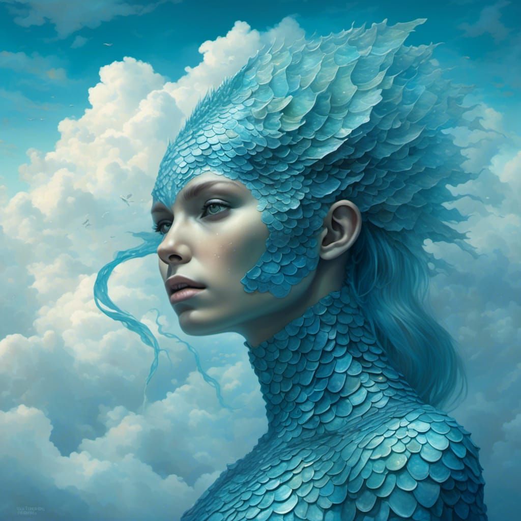 Hyperreal Reptilian Girl Above Clouds