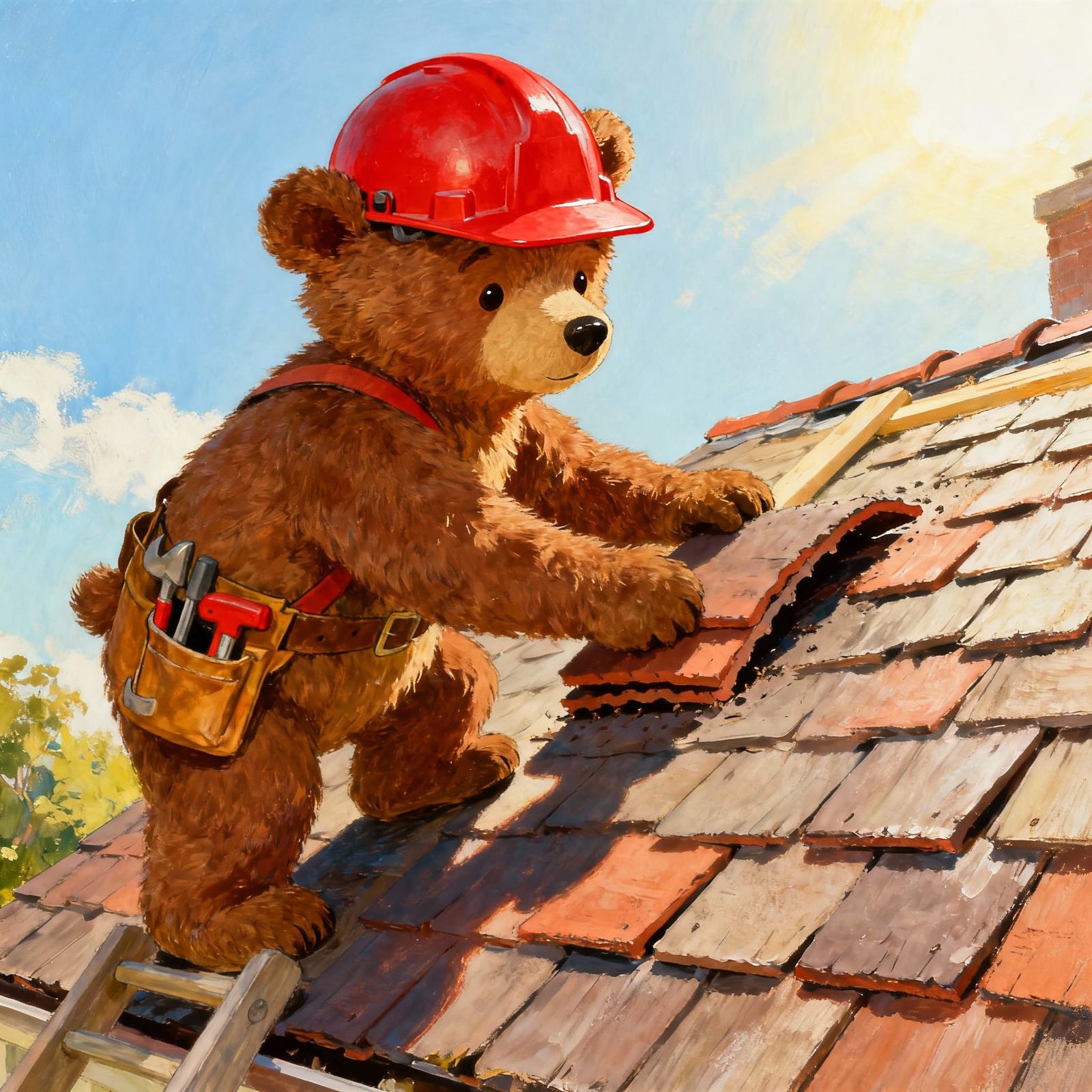 Teddy Bear Roofer Working on Sunny Day in Children's Book St...