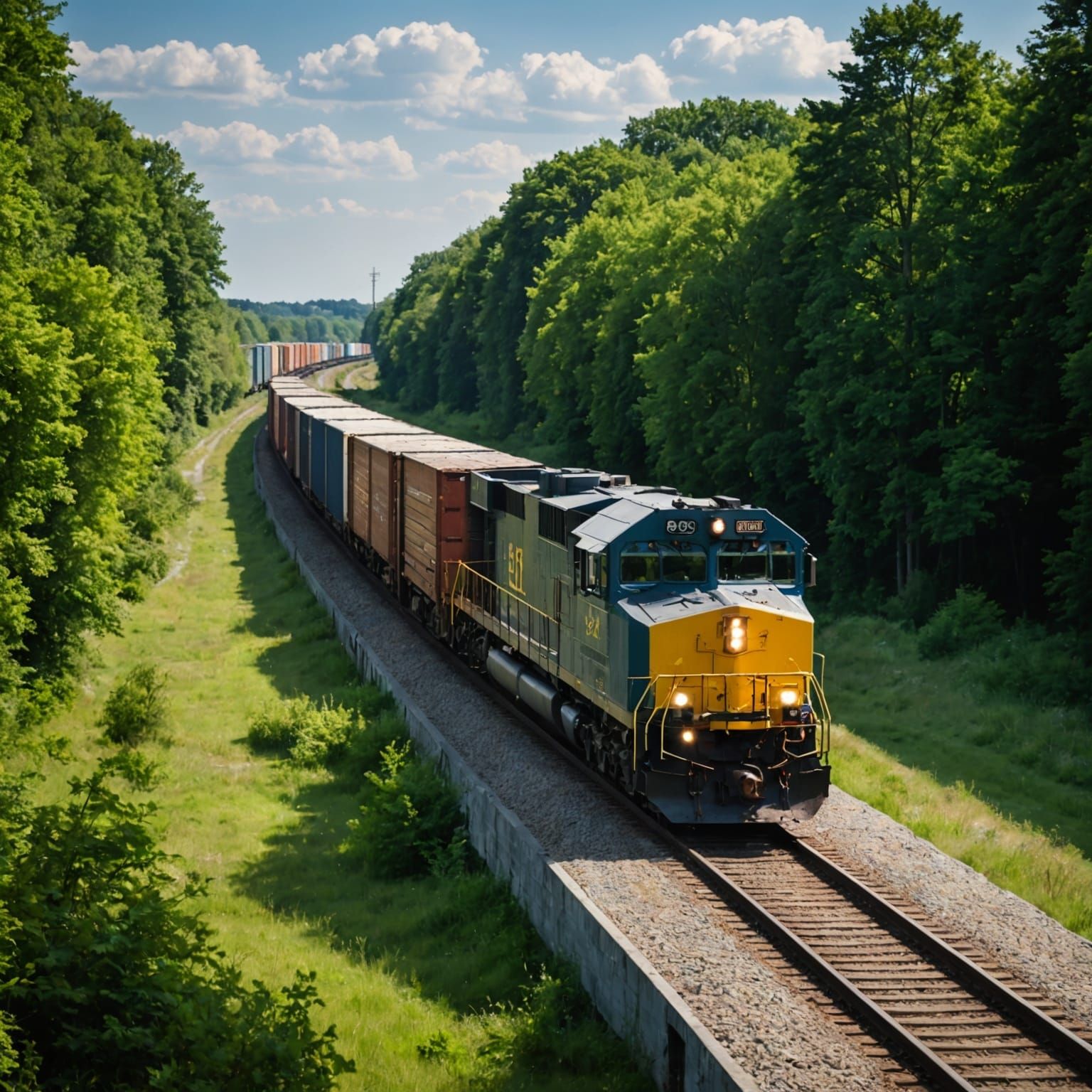 Vast Freight Train Speeds Across a Serene Landscape in Pixel...