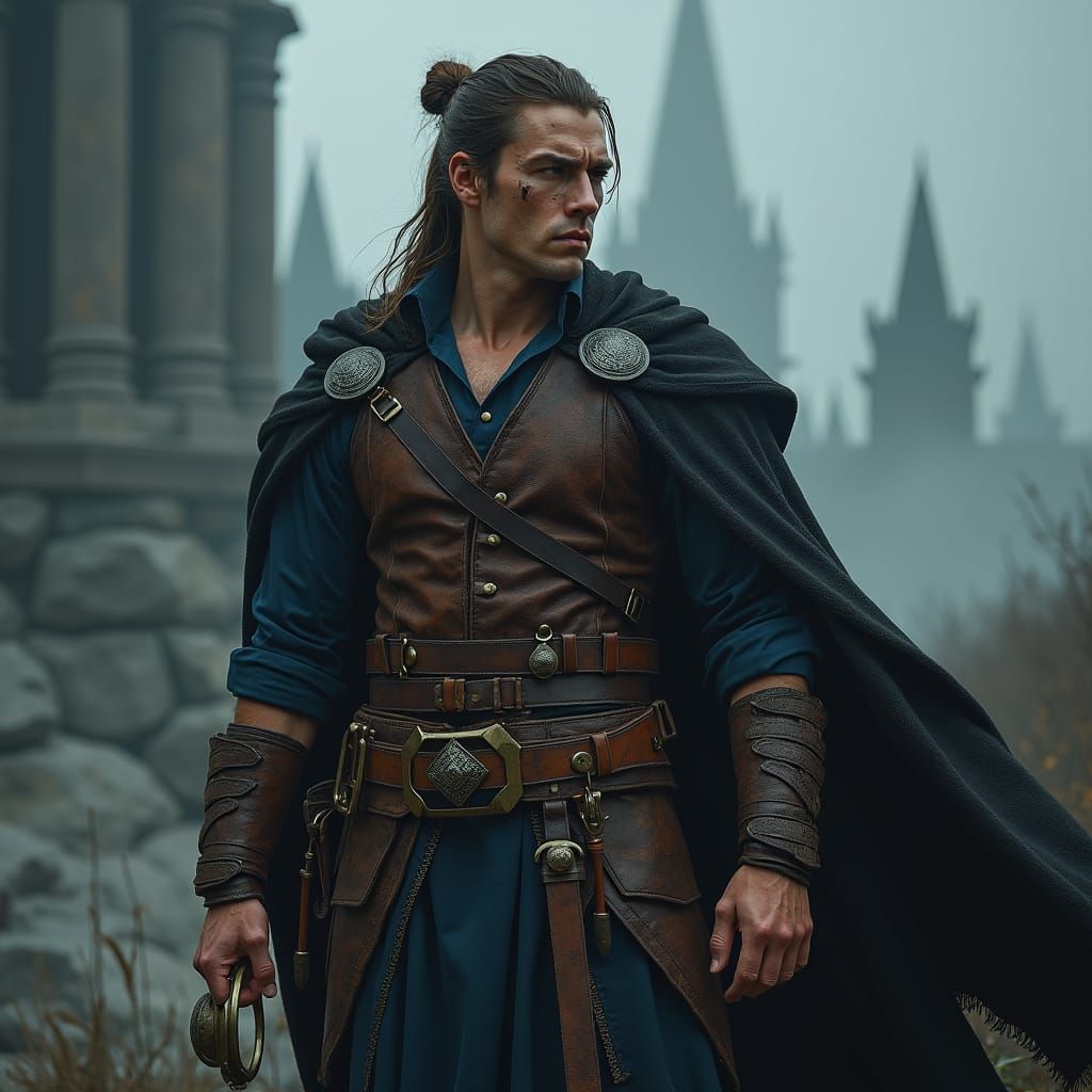 Battle-Hardened Warrior Stands Resolute in Gothic Landscape