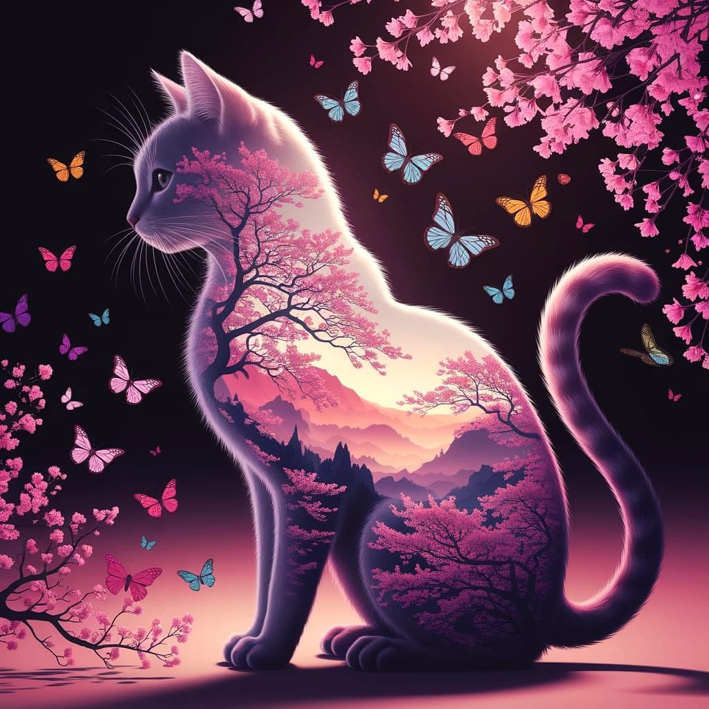 Japanese Landscape Cat Silhouette Digital Art