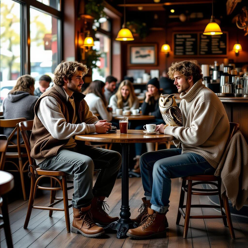 Man with Owl in Cozy Cafe, Curious Patrons