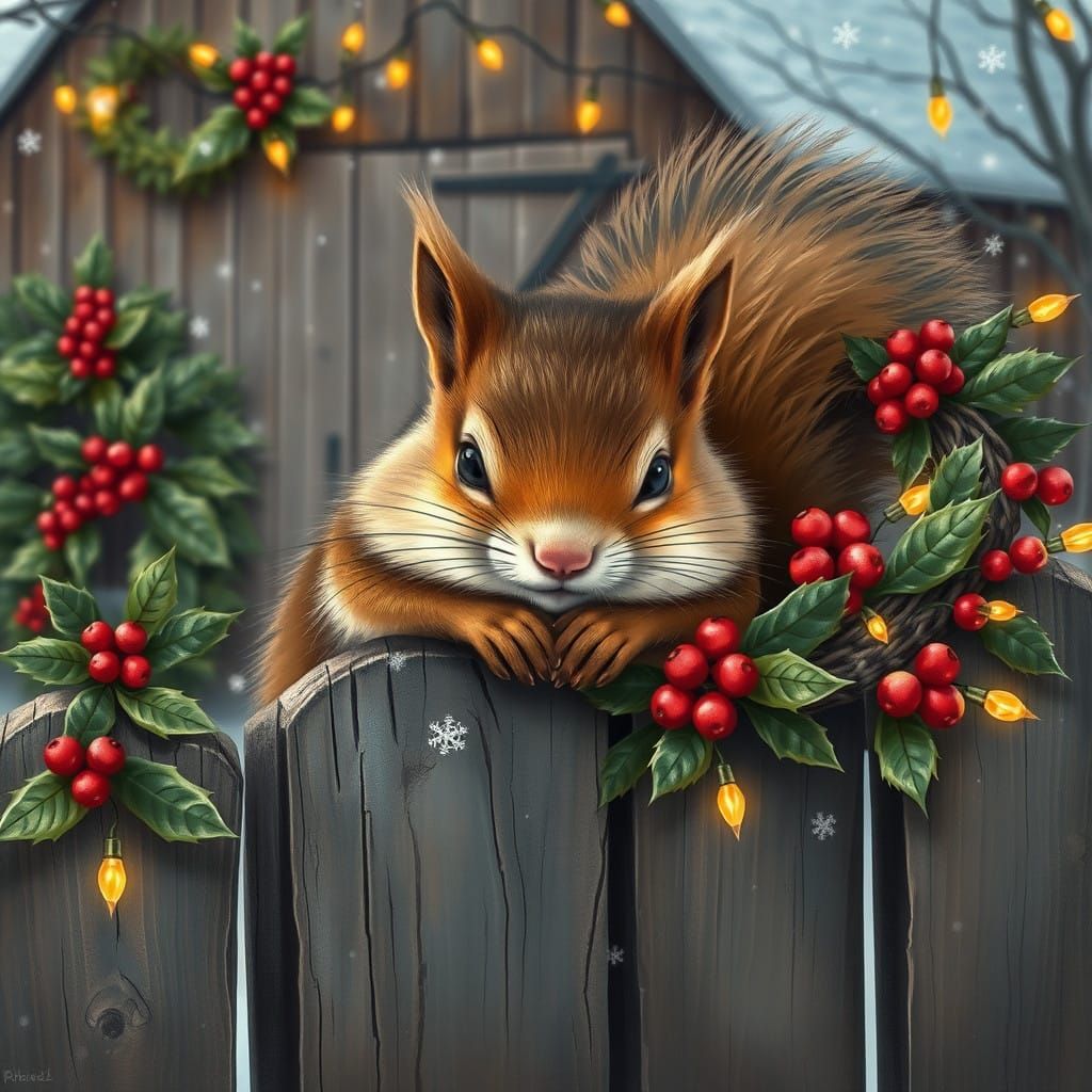 Whimsical Christmas Squirrel on Rustic Fence