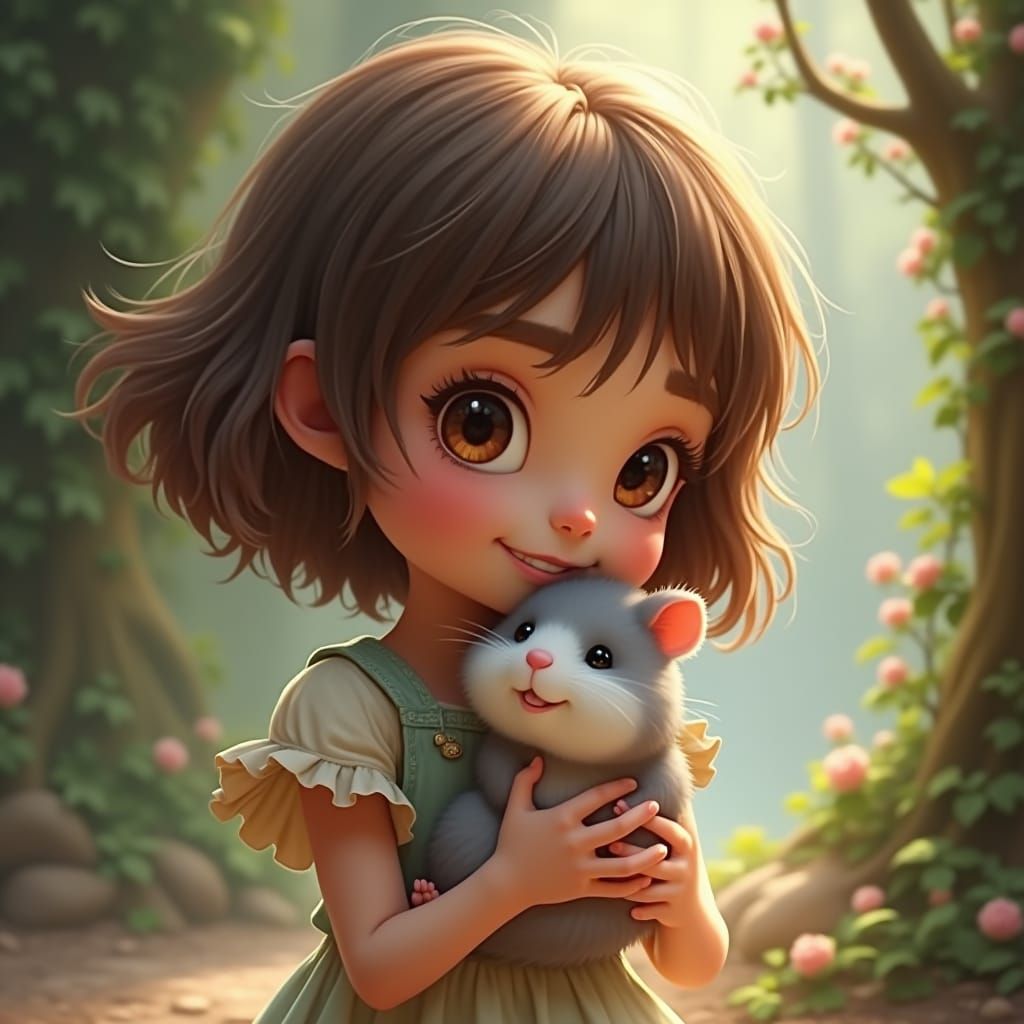 Whimsical Scene of Girl Hugging Hamster in a Fantasy Environ...