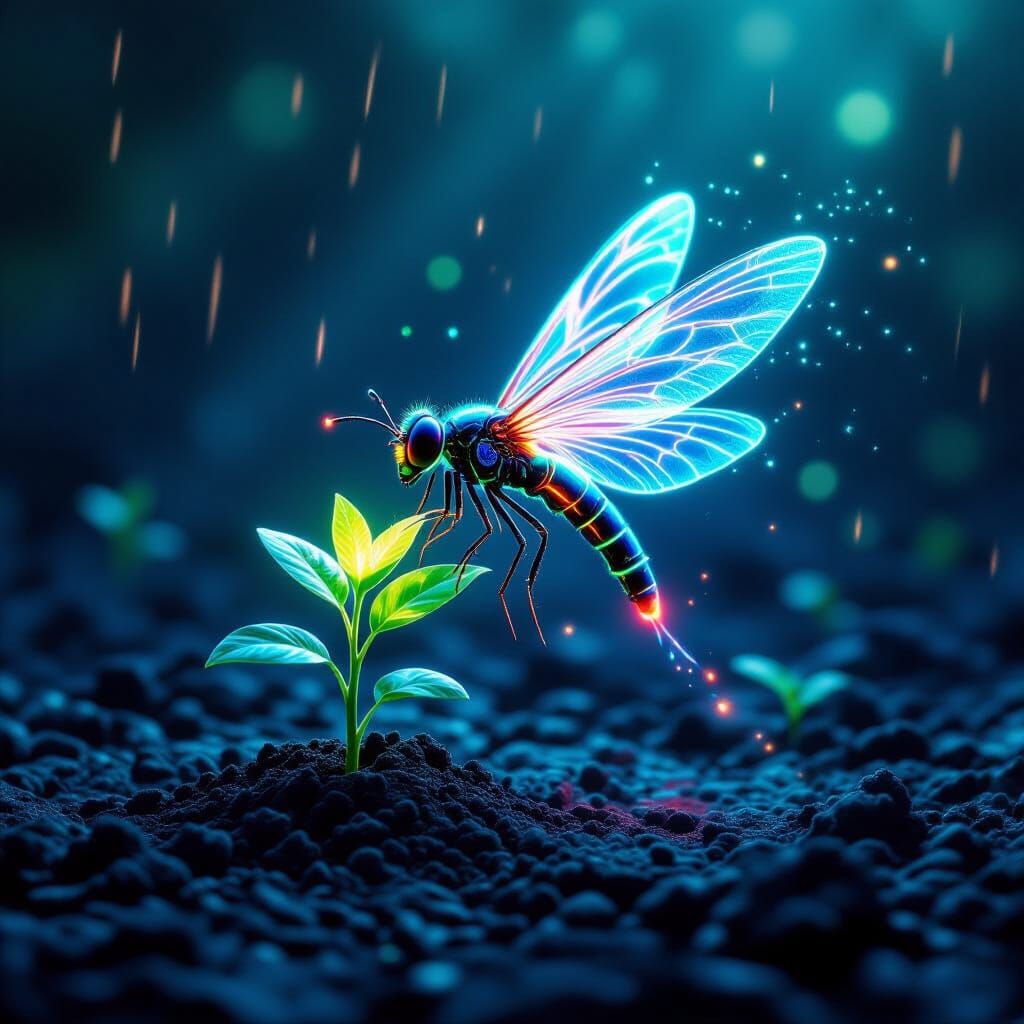 Luminous Firefly with Neon Veins in Futuristic Style