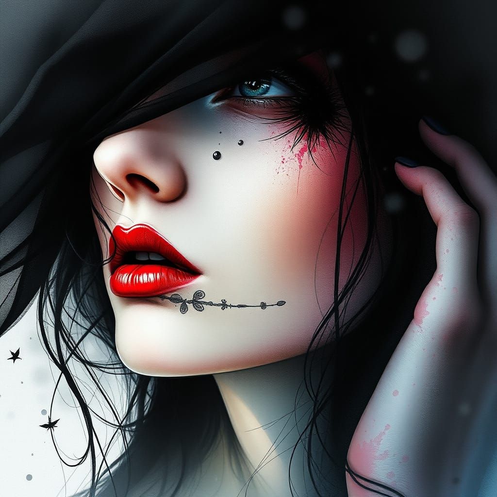 Mysterious Lady in Dark Veil Gazes Upwards with Enchanted Be...