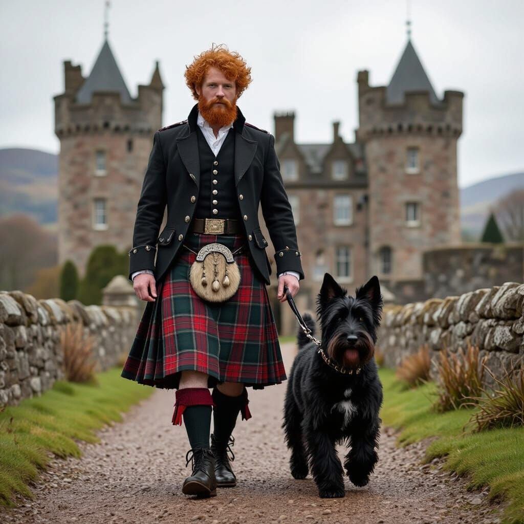 Scottish Man in Kilt with Terrier at Castle, Pre-Raphaelite ...
