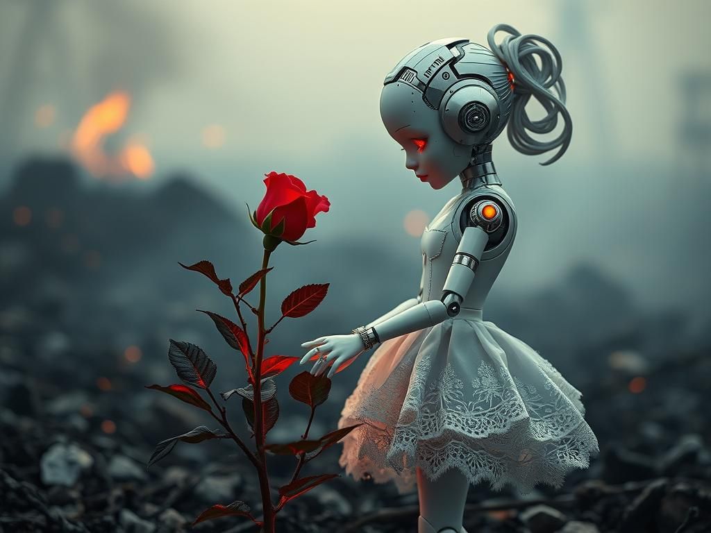 Cyberpunk Porcelain Doll Guards Bioluminescent Rose in Desol...