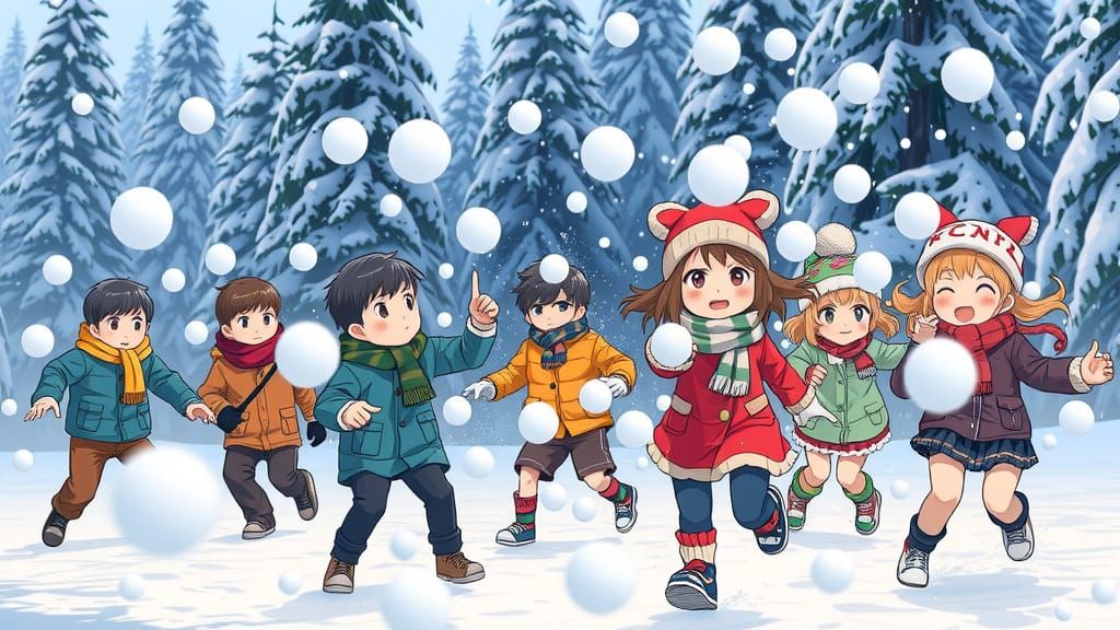 Winter Snowball War between Girls and Boys in a Serene Fores...