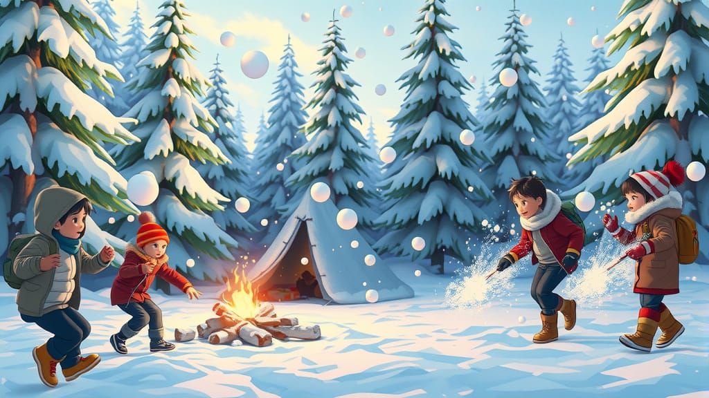 Winter Wonderland Snowball Fight in Vibrant Anime Style