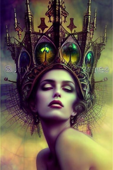 Surreal Gothic Goddess in Intricate Stained Glass Crown