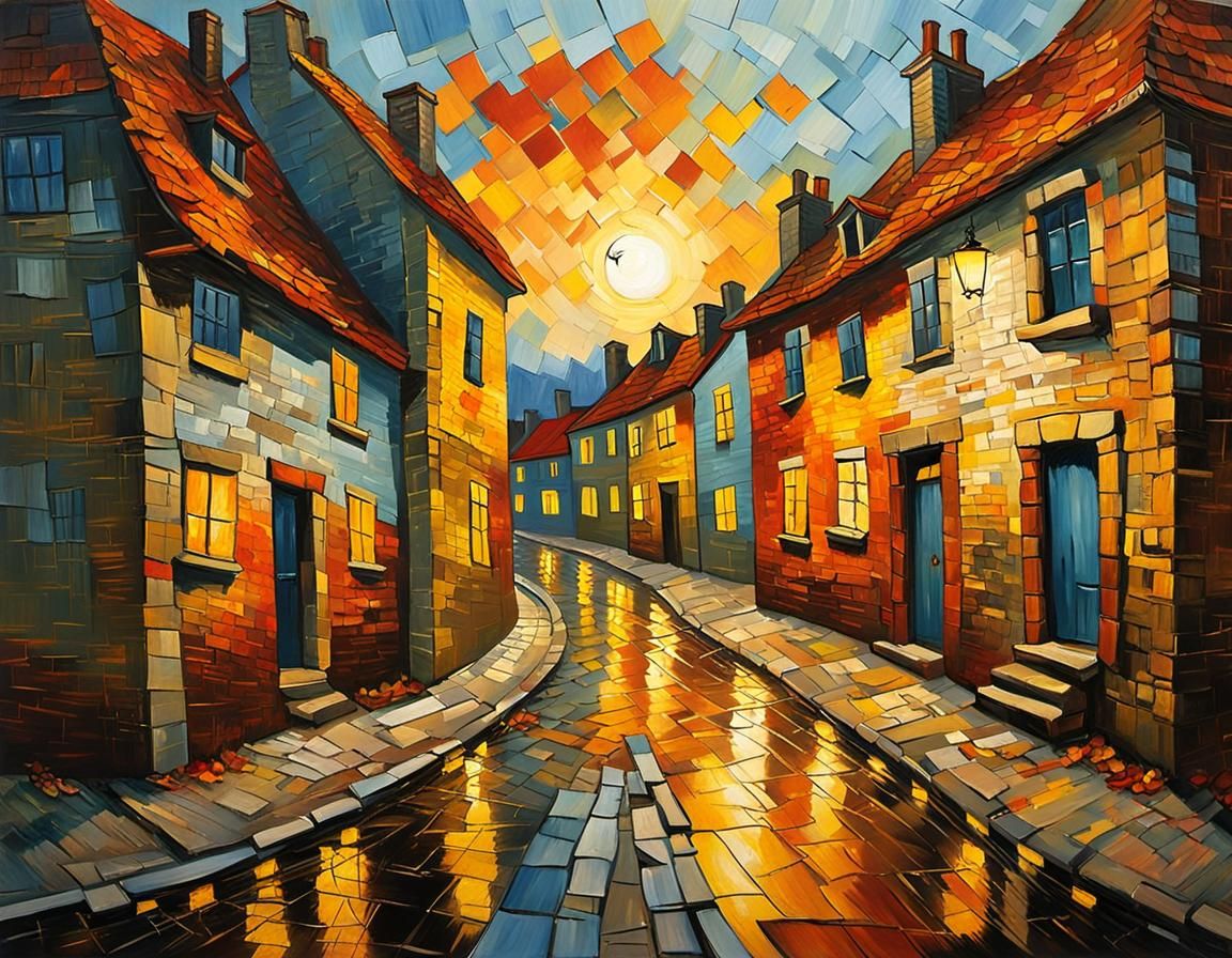 Impressionist Village at Autumn Sunset