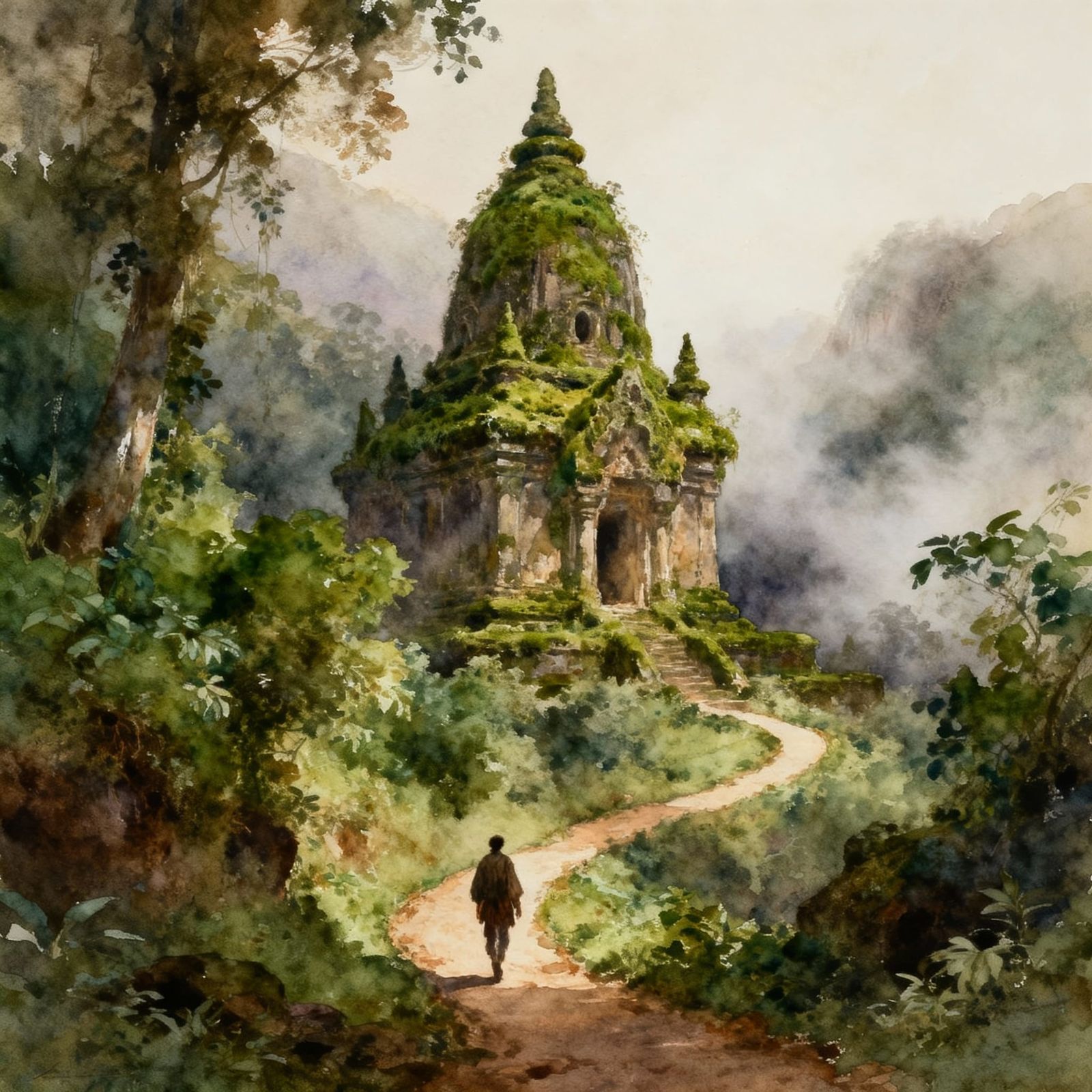 Ancient Temple in Misty Valley Gouache Painting