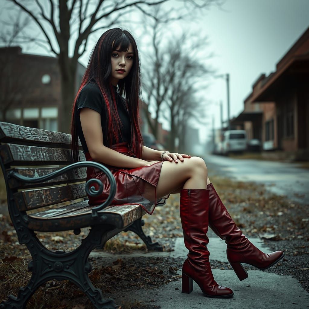 Goth Woman in Abandoned Town, Blending Realism and Surrealis...