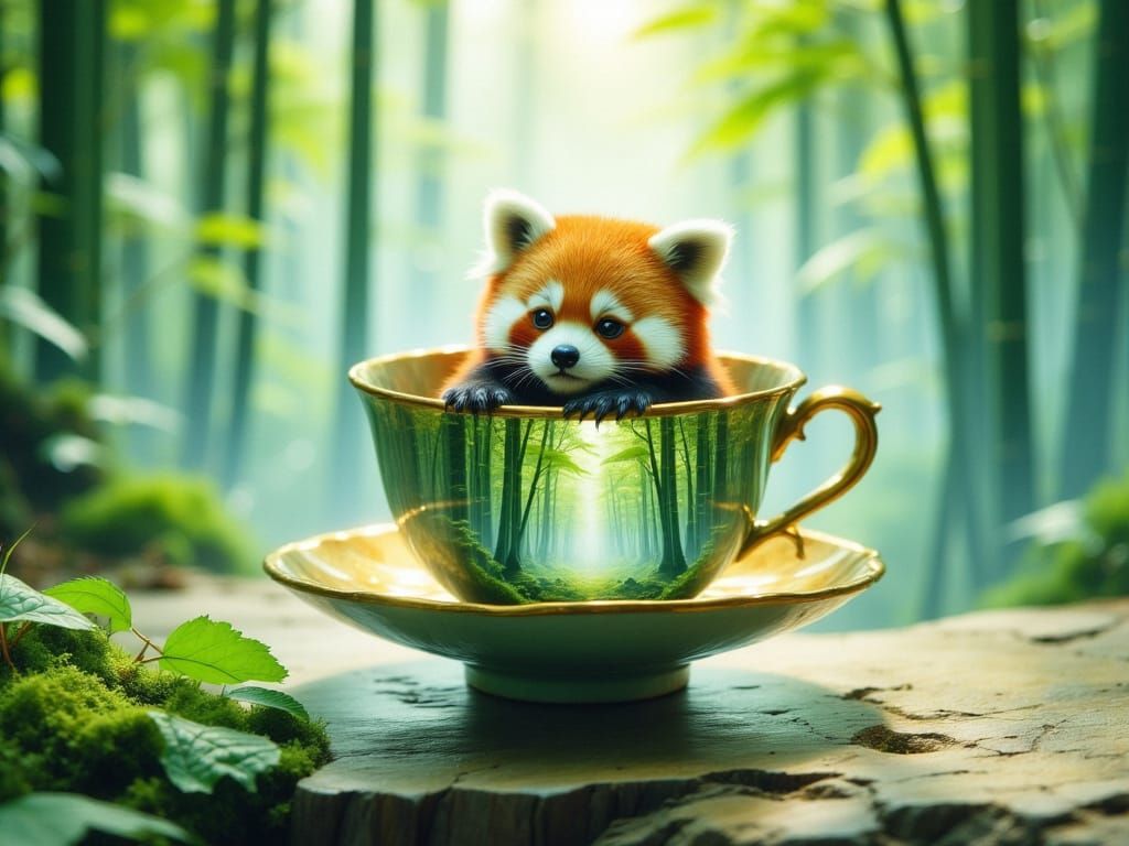 Red Panda in Teacup with Bamboo Forest Double Exposure