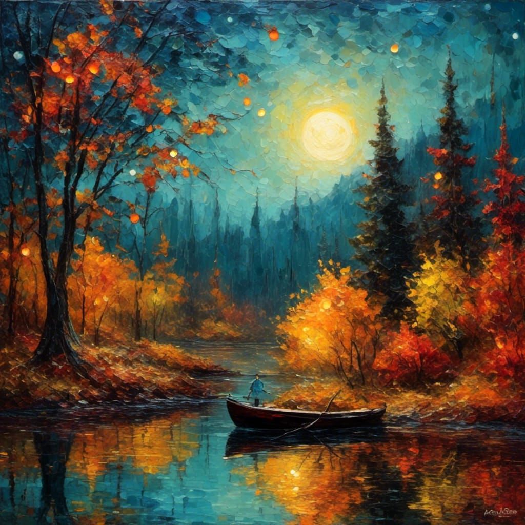 Whimsical Autumn Night with Fireflies and Full Moon