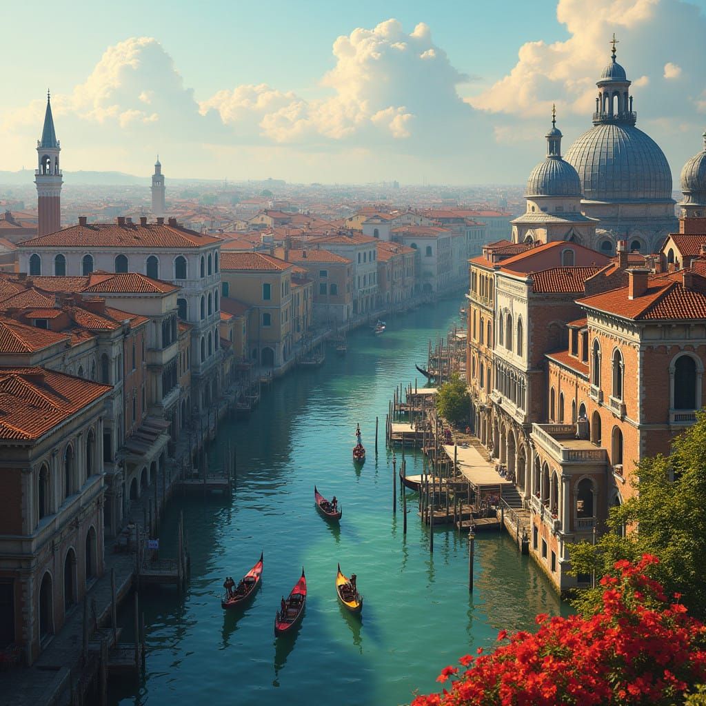Dreamlike Venice Rooftop Scene with Gondolas and Crabs