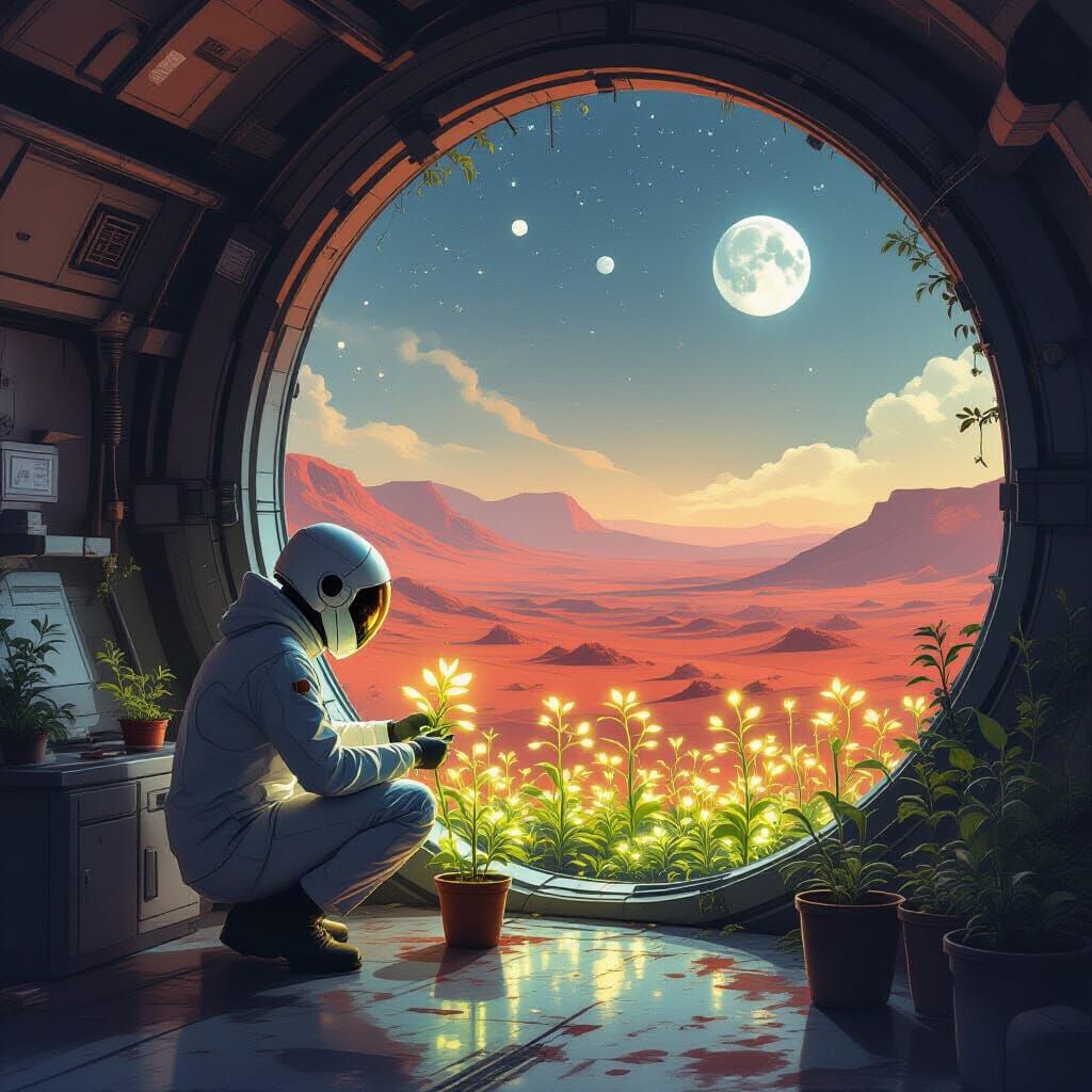 Martian Botanist Tending Glowing Flora in Hydroponic Lab