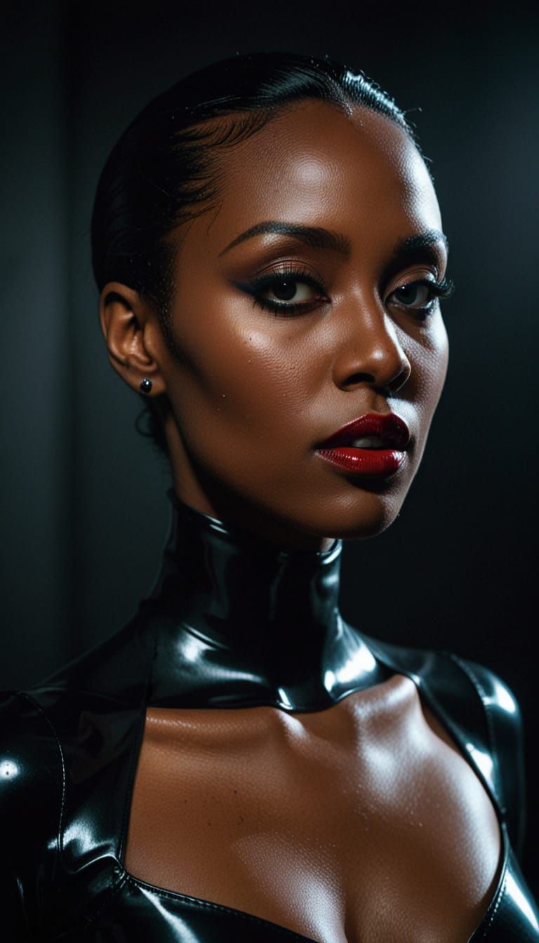 Gothic Ebony Woman in Latex, Moody Film Noir Style