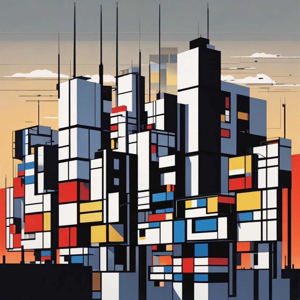 Futuristic Cityscape at Dusk in De Stijl Style