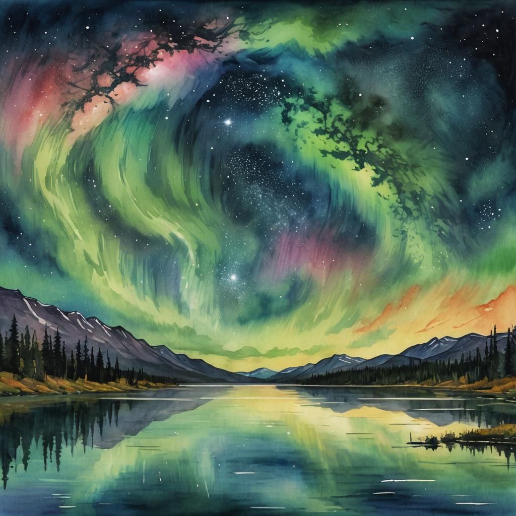 Stunning Astronomical Lake Scene in Dreamy Watercolor Style
