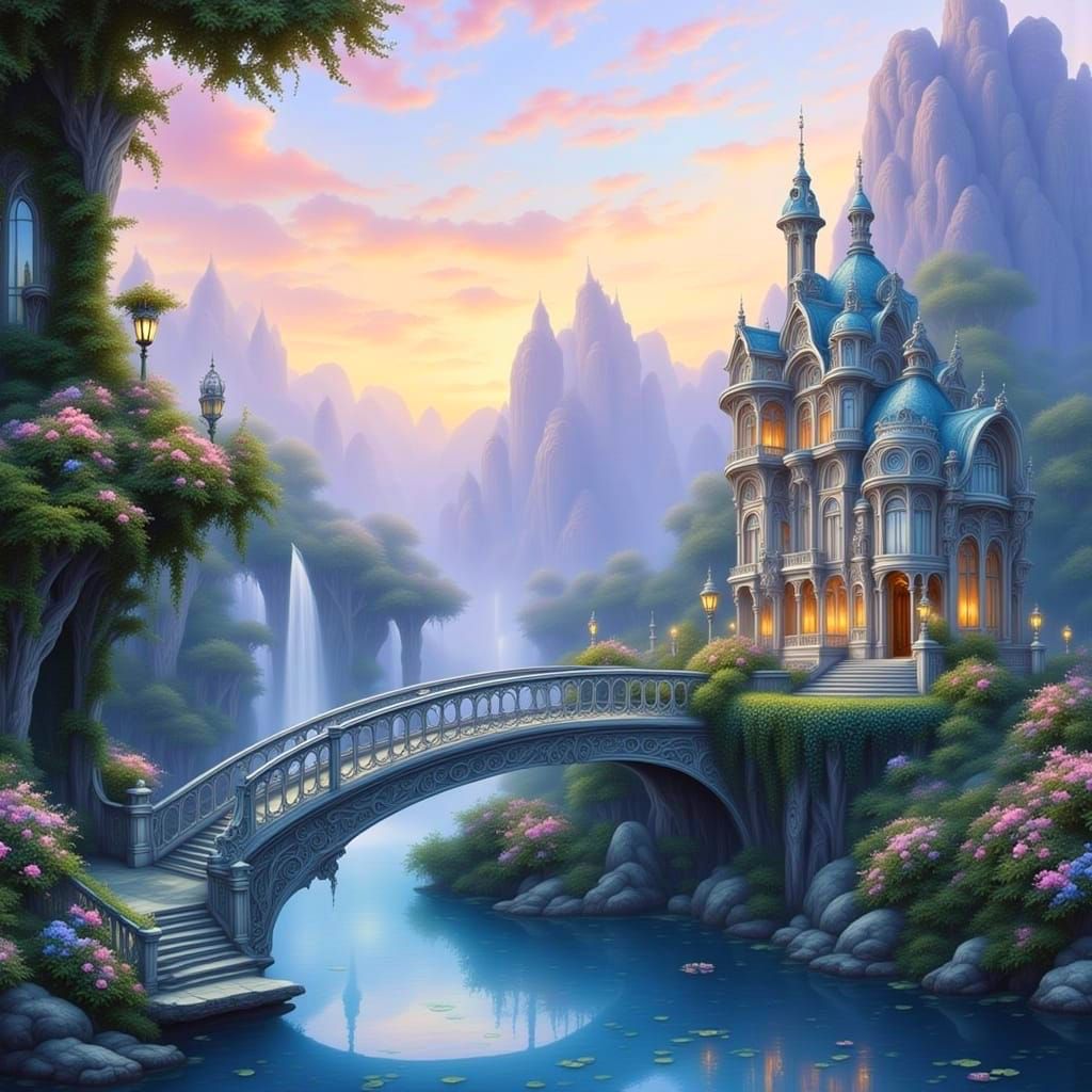 Serene Rococo Bridge in Lavender Dreamscape