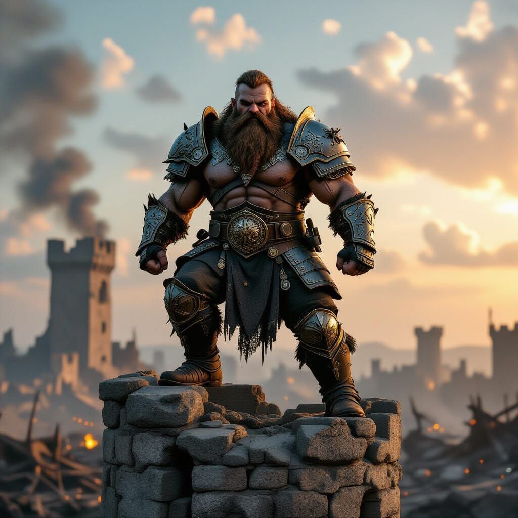 Dwarf Warrior on Battlefield in Hyperrealistic Style