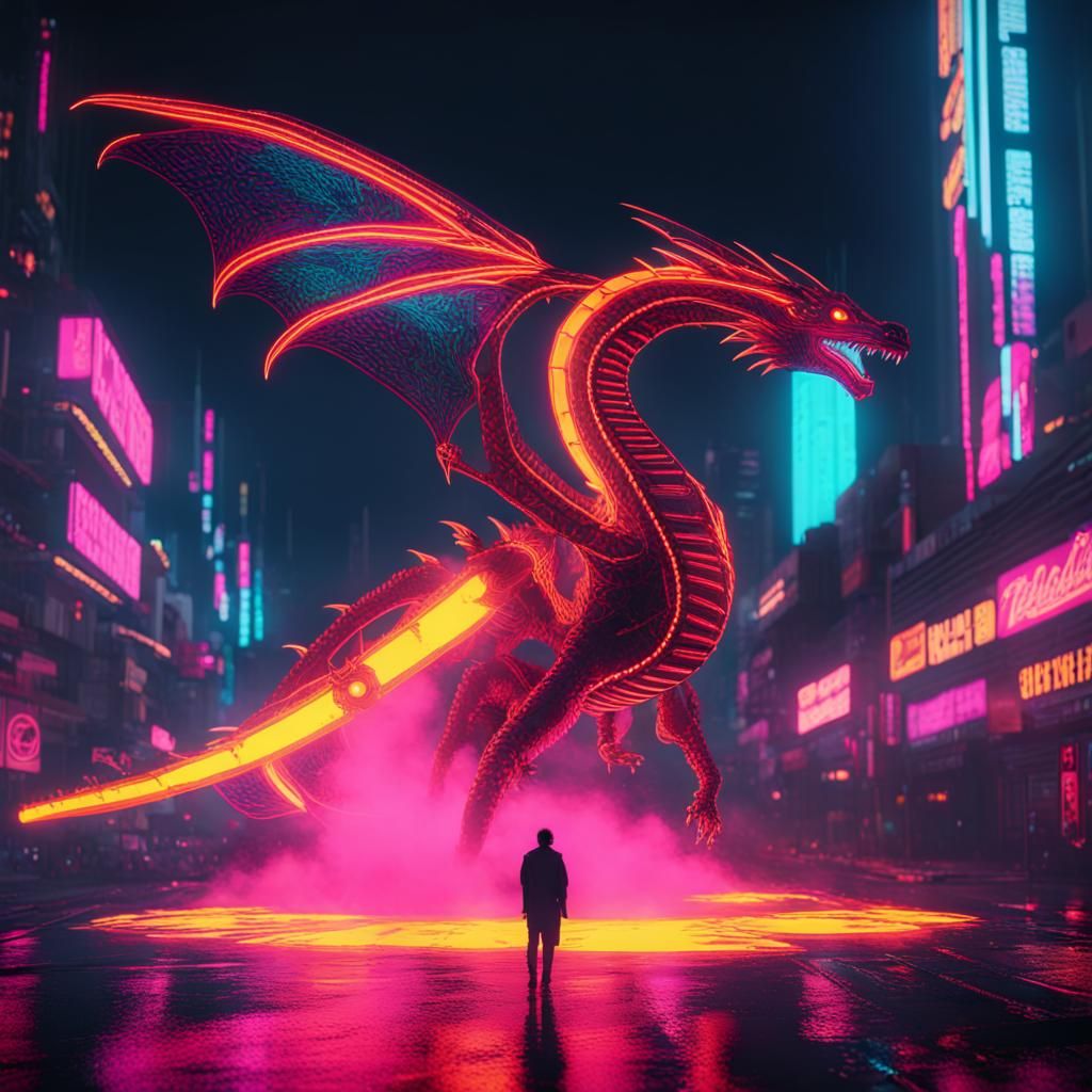 Cyberpunk Dragon Ignites Retro-Futuristic Cityscape