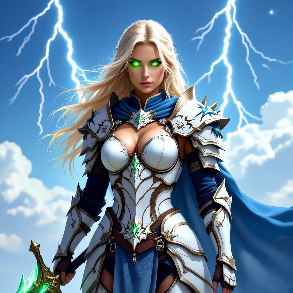 Female Dragon Knight with Glowing Eyes and Lightning