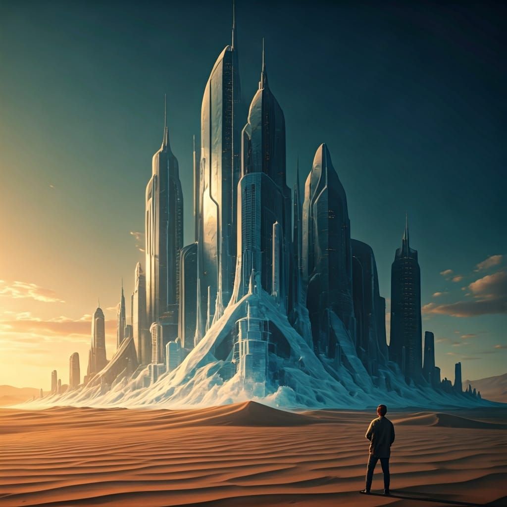 Melting Ice Cityscape in the Desert Sun