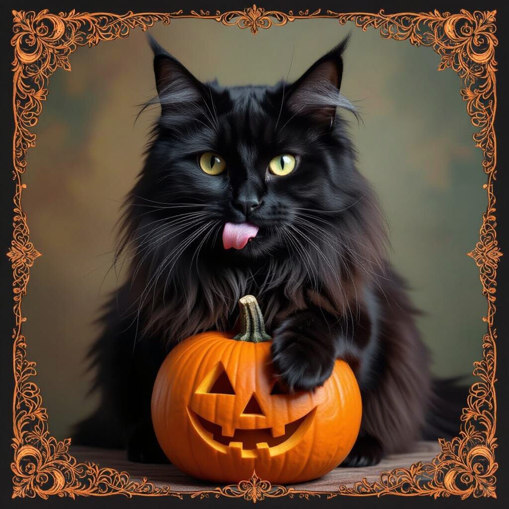 Hyperrealistic Black Cat with Zentangle Fur on Pumpkin