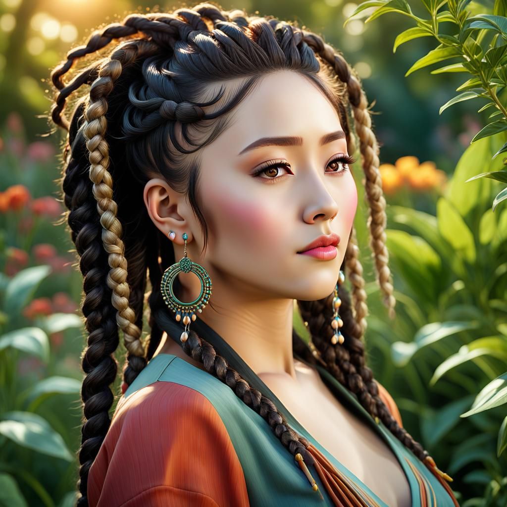 Hyper-Realistic Portrait of a Korean Woman with Dreadlocks