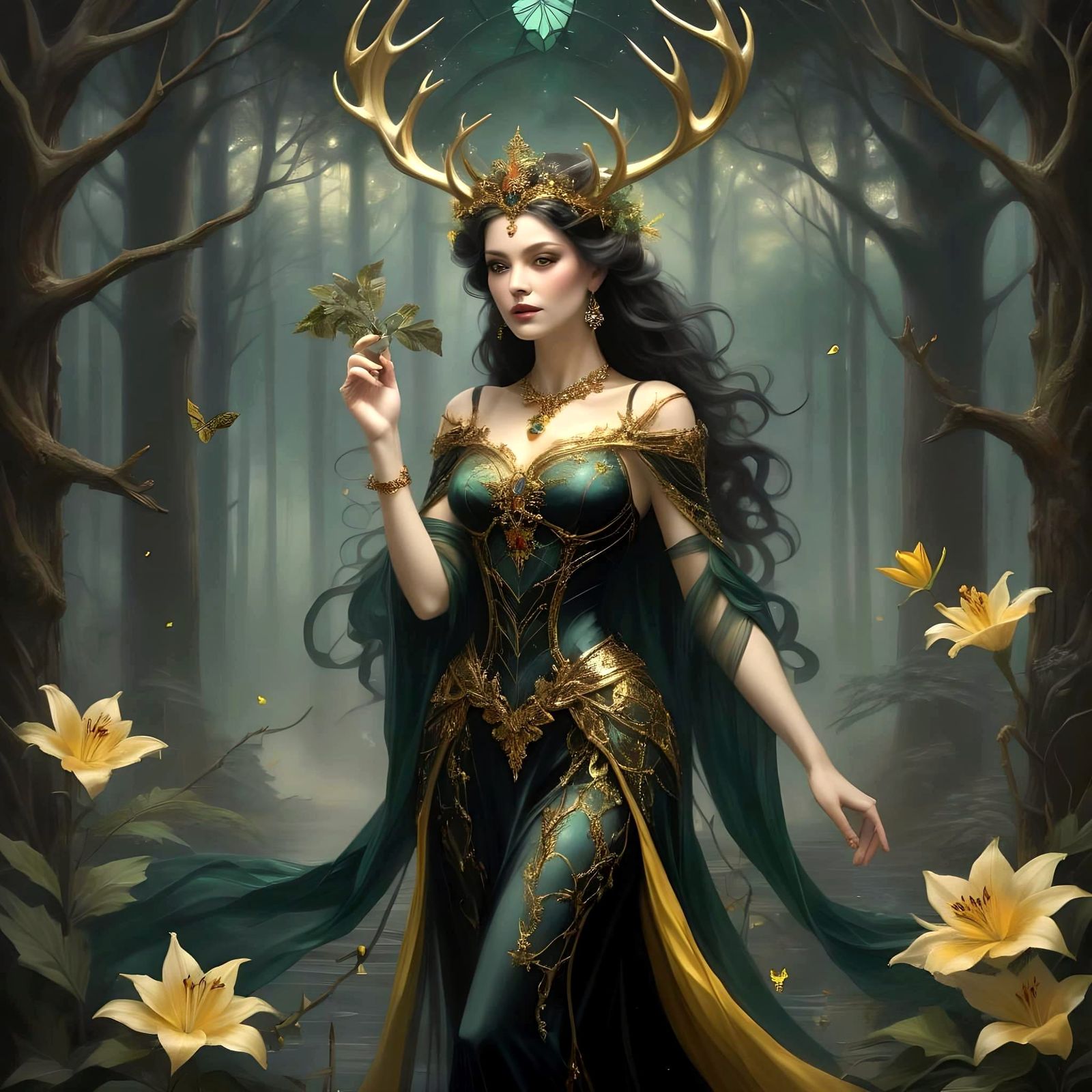 Dark Fae Queen in Stained Glass Style