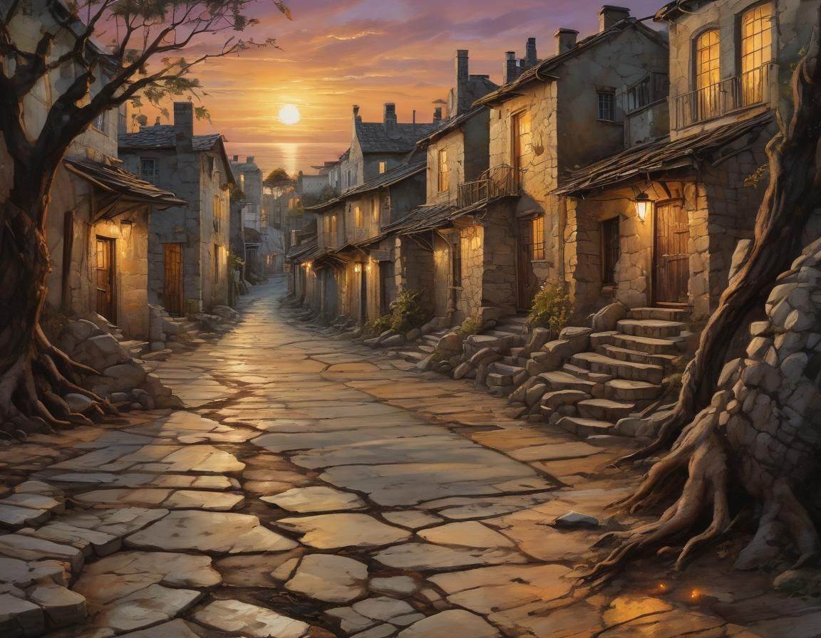 Ancient Seaside Town Street in Vibrant, Textured Art