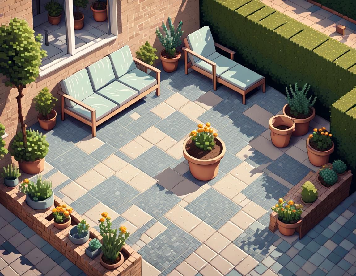 Meticulous Isometric Back Garden Patioscape in Pixel Art