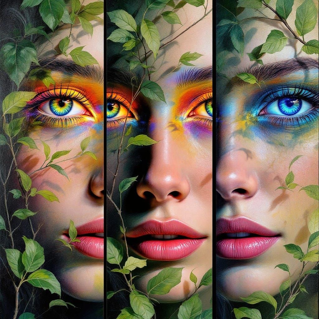 Face Refracted Through Nature's Prism in Hyper-Realistic Oil...