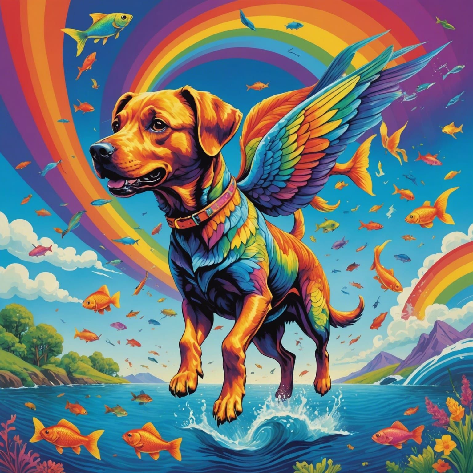 Canine Aquatic Hybrid Soars Through Vibrant Rainbow
