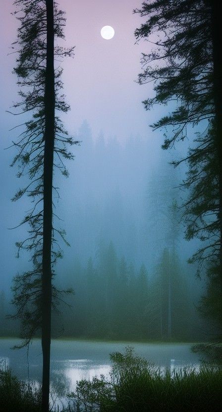 Surreal Pine Forest Scene in Misty Haze with Vintage Lightin...