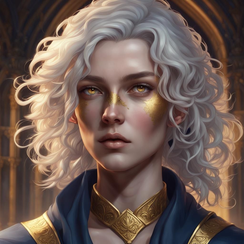 Surreal Androgynous Cleric in Mystic Robes with Radiant Gold...