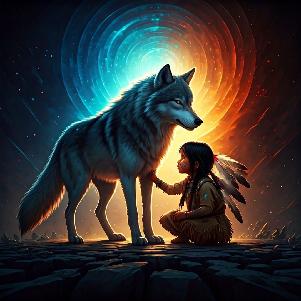 A Native American Girl Plays with a Majestic Wolf in a Fanta...