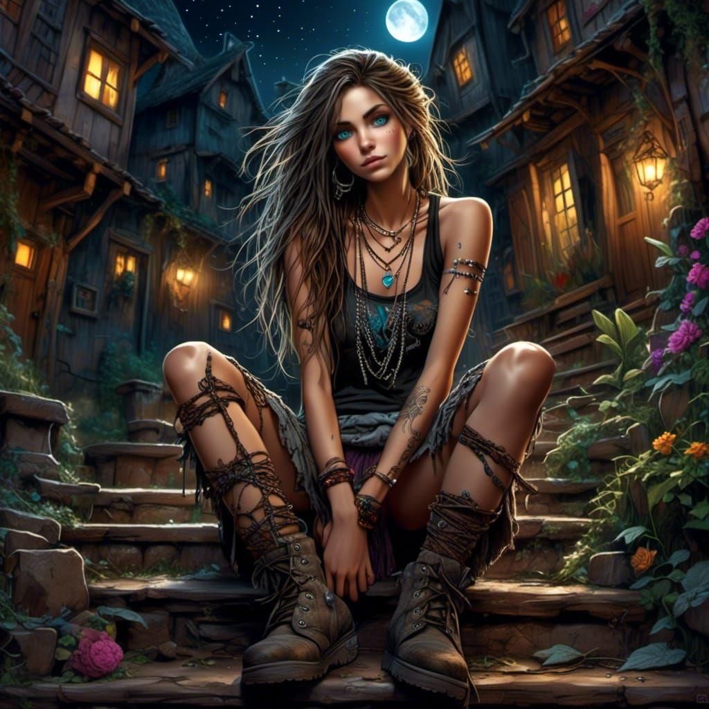 Boho Punk Girl in Mystical Courtyard: Digital Art