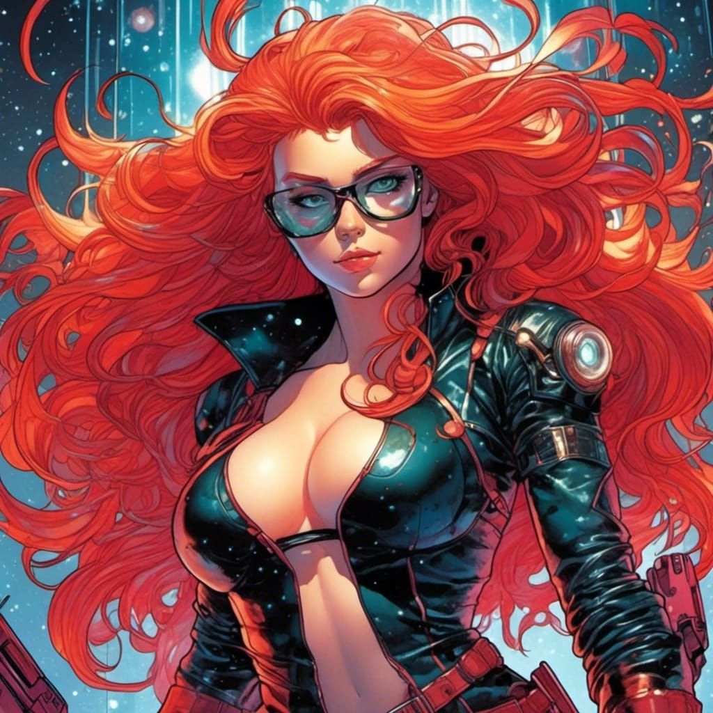 Cyberpunk Goddess with Flaming Red Hair and Ray Gun