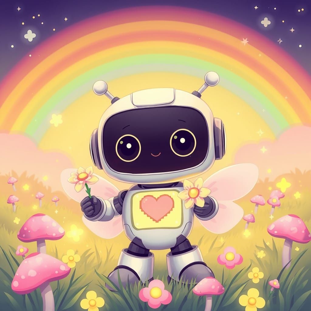 Cheerful Robot in Kawaii Cartoonish Style