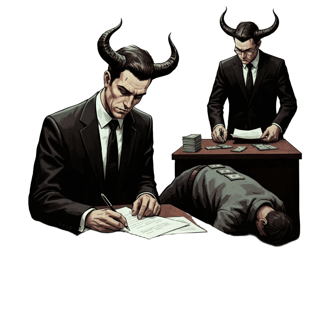 Gritty Film Noir: Suited Demon Signing Papers