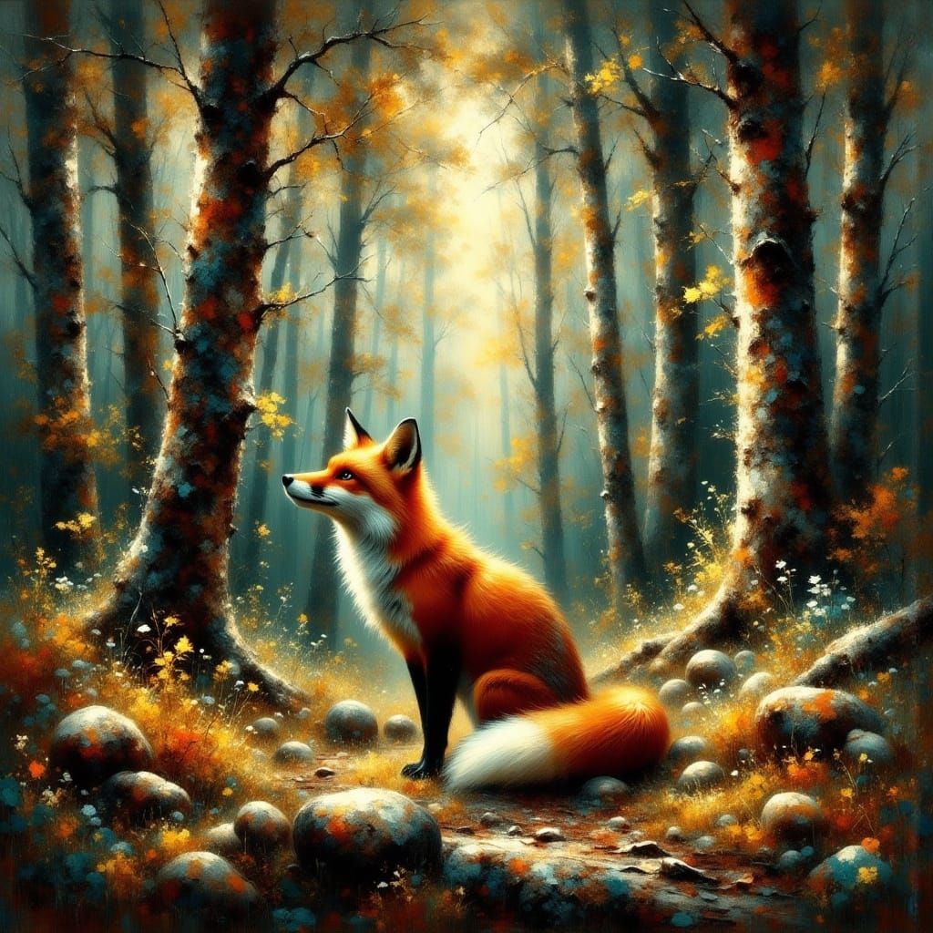 Whimsical Fox in a Vibrant Forest Landscape