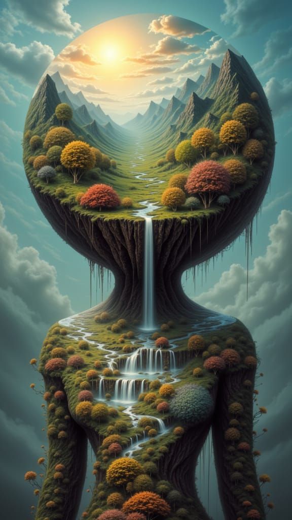 Surreal Woman with Planetoid Head & Landscape Eyes