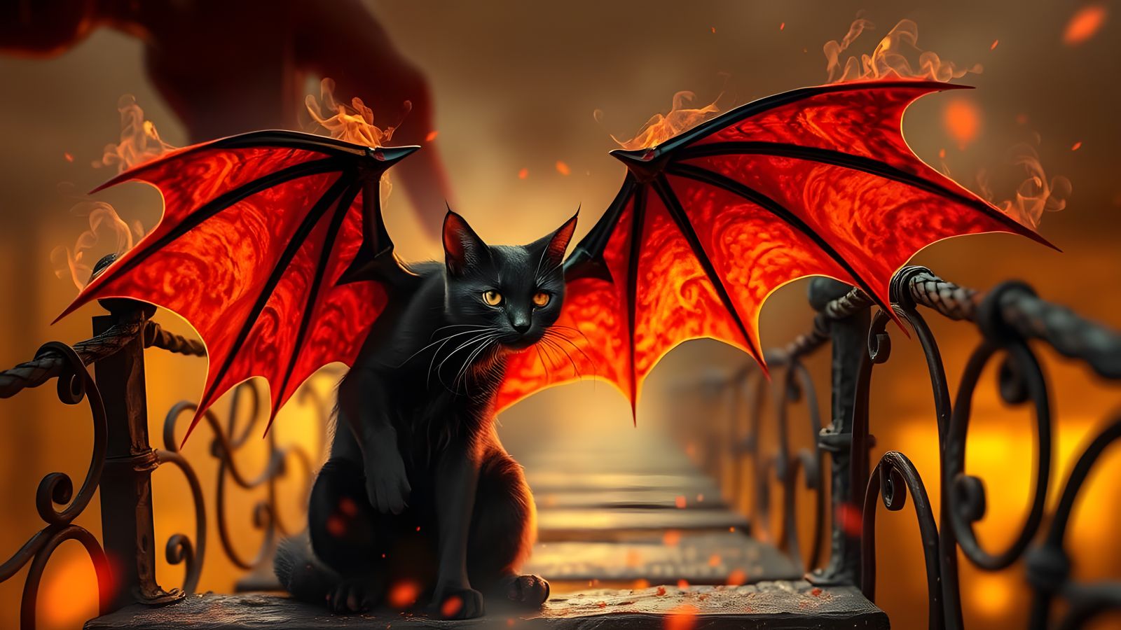 Close glowing demon cat with large half-spread flaming smoke black and orange flaming bat wings waiting at a fiery Bridg...
